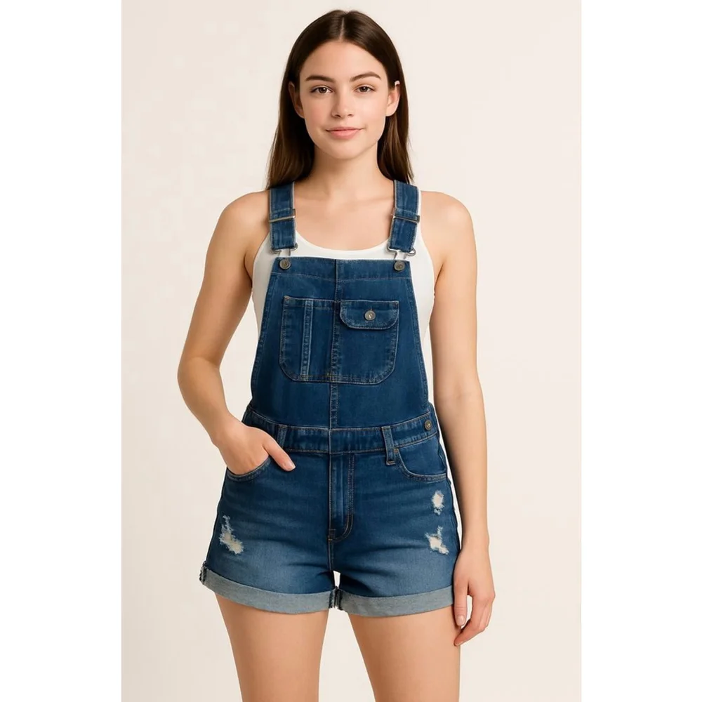 Machine Dark Wash Denim Overalls Shorts‎ Blue Distressed Lg Cabincore Fisherman